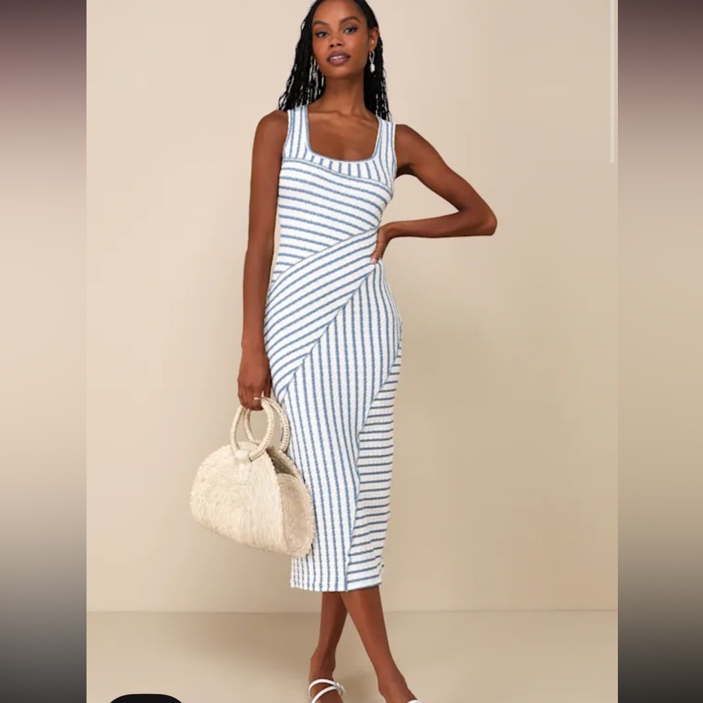 Lulus | Constantly Trendy Blue Striped Crinkle Bodycon Midi Dress | XS